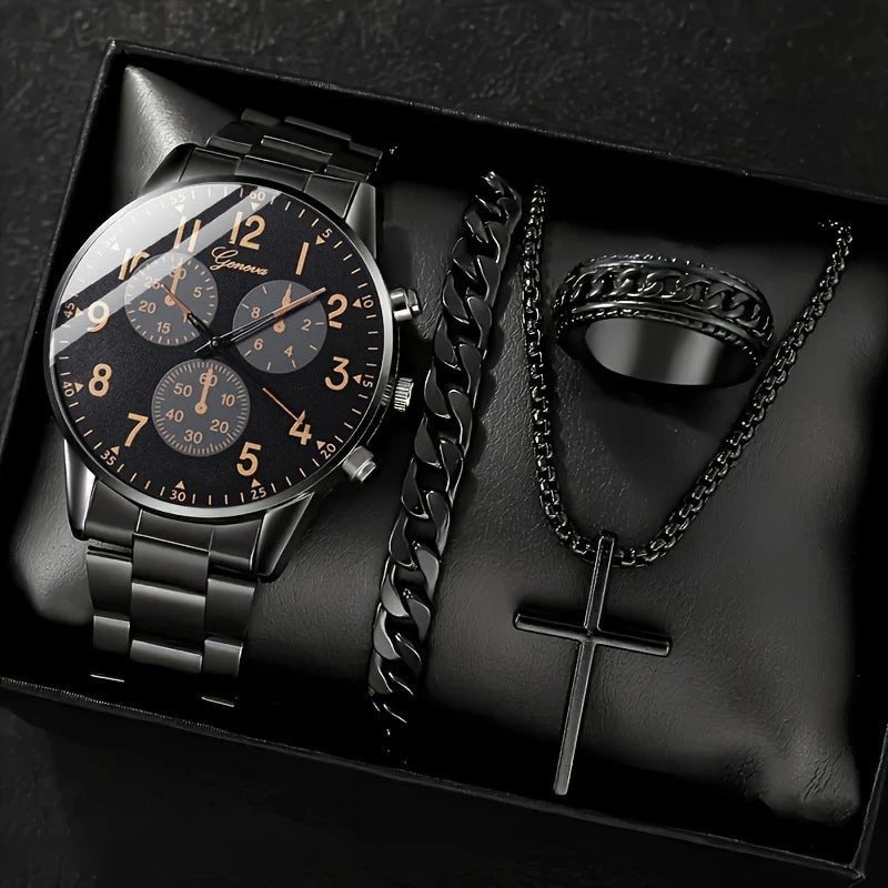 Mens Quartz Watch Necklace Bracelet And Ring 4 - Piece Set - Oopsdadforgot.com