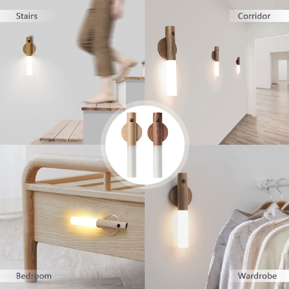 Auto LED USB Magnetic Wood Wireless Night Light Corridors Porch Lights PIR Motion Sensor Wall Light Cabinet Lamp - Oopsdadforgot.com