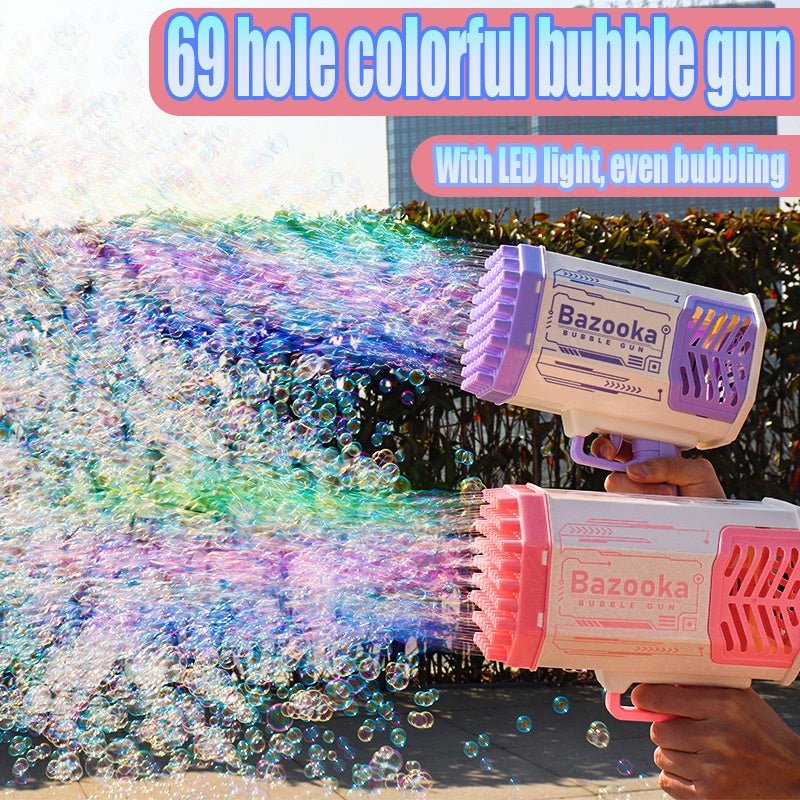 Bubble Gun Rocket 69 Holes Soap Bubbles Machine Gun Shape Automatic Blower With Light Toys For Kids Pomperos - Oopsdadforgot.com