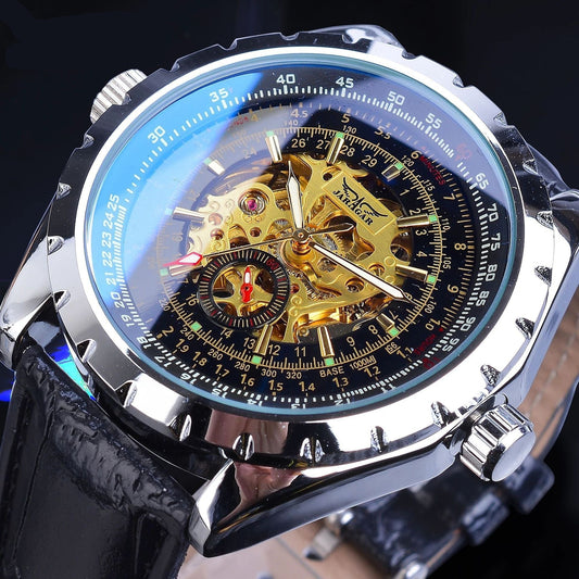 Business - Casual Blue Glass Hollowed - Out Large - Dial Automatic Mechanical Watch - Oopsdadforgot.com