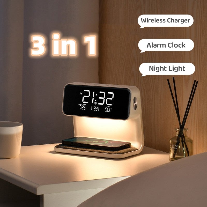 Creative 3 In 1 Bedside Lamp Wireless Charging LCD Screen Alarm Clock Wireless Phone Charger - Oopsdadforgot.com