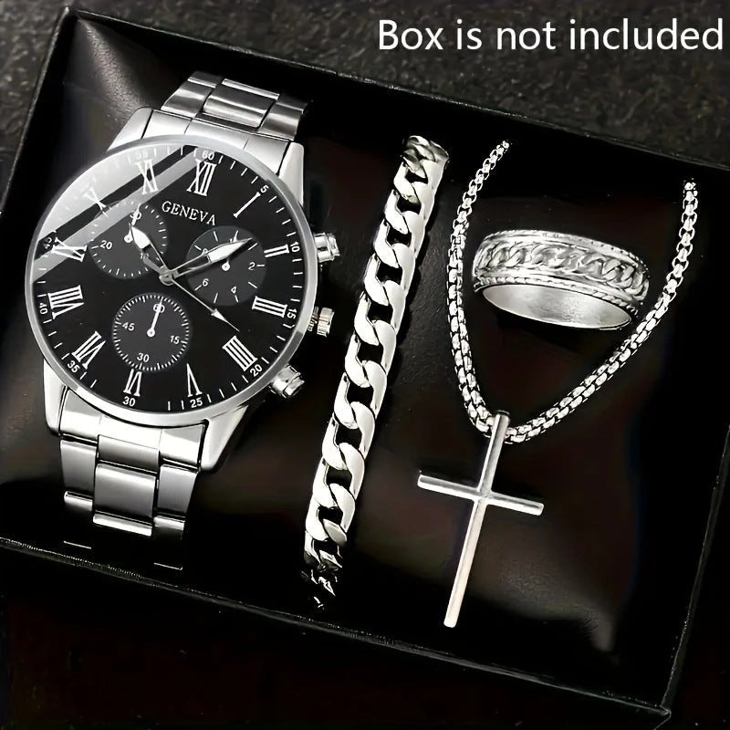 Mens Quartz Watch Necklace Bracelet And Ring 4 - Piece Set - Oopsdadforgot.com