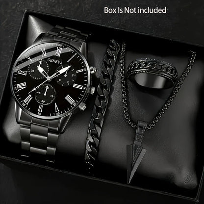 Mens Quartz Watch Necklace Bracelet And Ring 4 - Piece Set - Oopsdadforgot.com