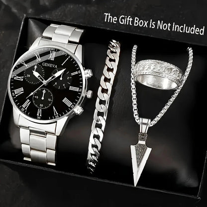 Mens Quartz Watch Necklace Bracelet And Ring 4 - Piece Set - Oopsdadforgot.com