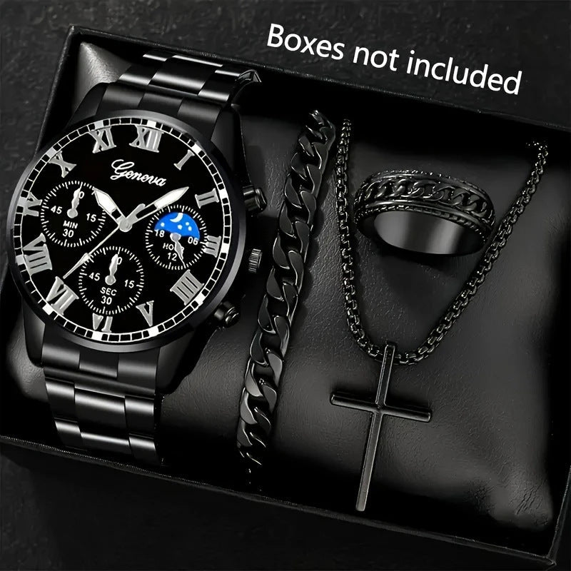 Mens Quartz Watch Necklace Bracelet And Ring 4 - Piece Set - Oopsdadforgot.com