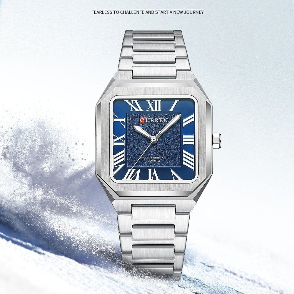 Mens Simple Square Waterproof Quartz Watch With Roman Numerals And Fashionable Steel Band - Oopsdadforgot.com