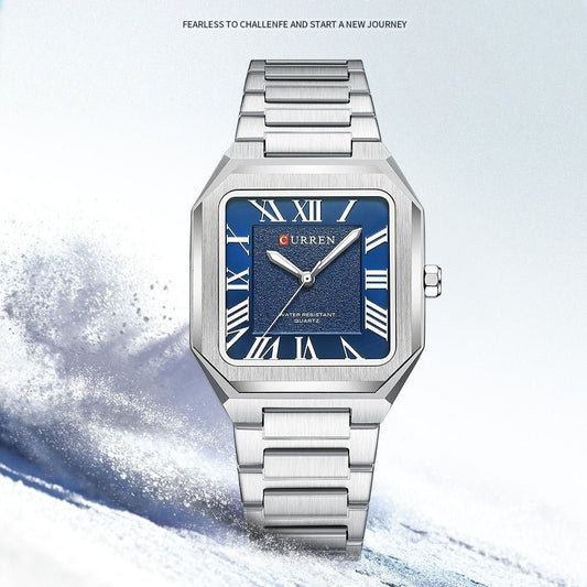 Mens Simple Square Waterproof Quartz Watch With Roman Numerals And Fashionable Steel Band - Oopsdadforgot.com