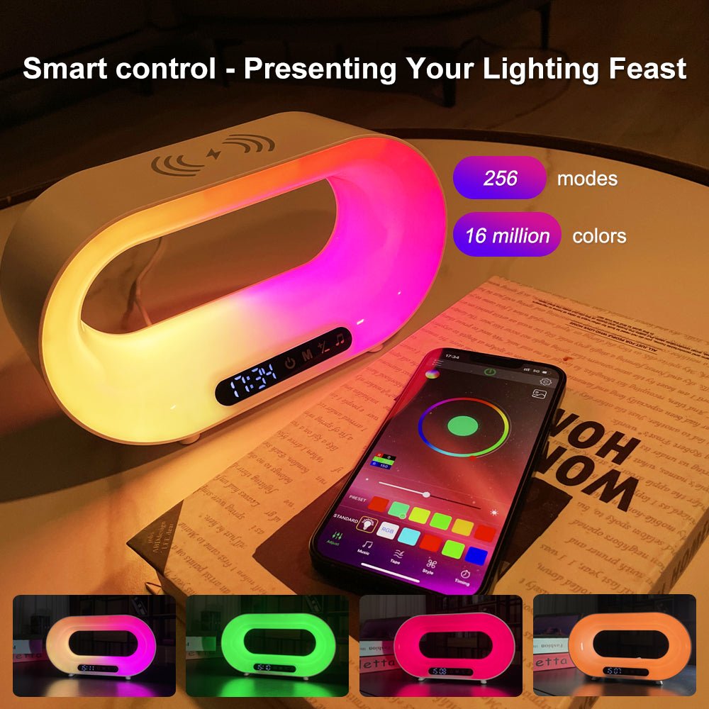 Multi - function 3 In 1 LED Night Light APP Control RGB Atmosphere Desk Lamp Smart Multifunctional Wireless Charger Alarm Clock - Oopsdadforgot.com