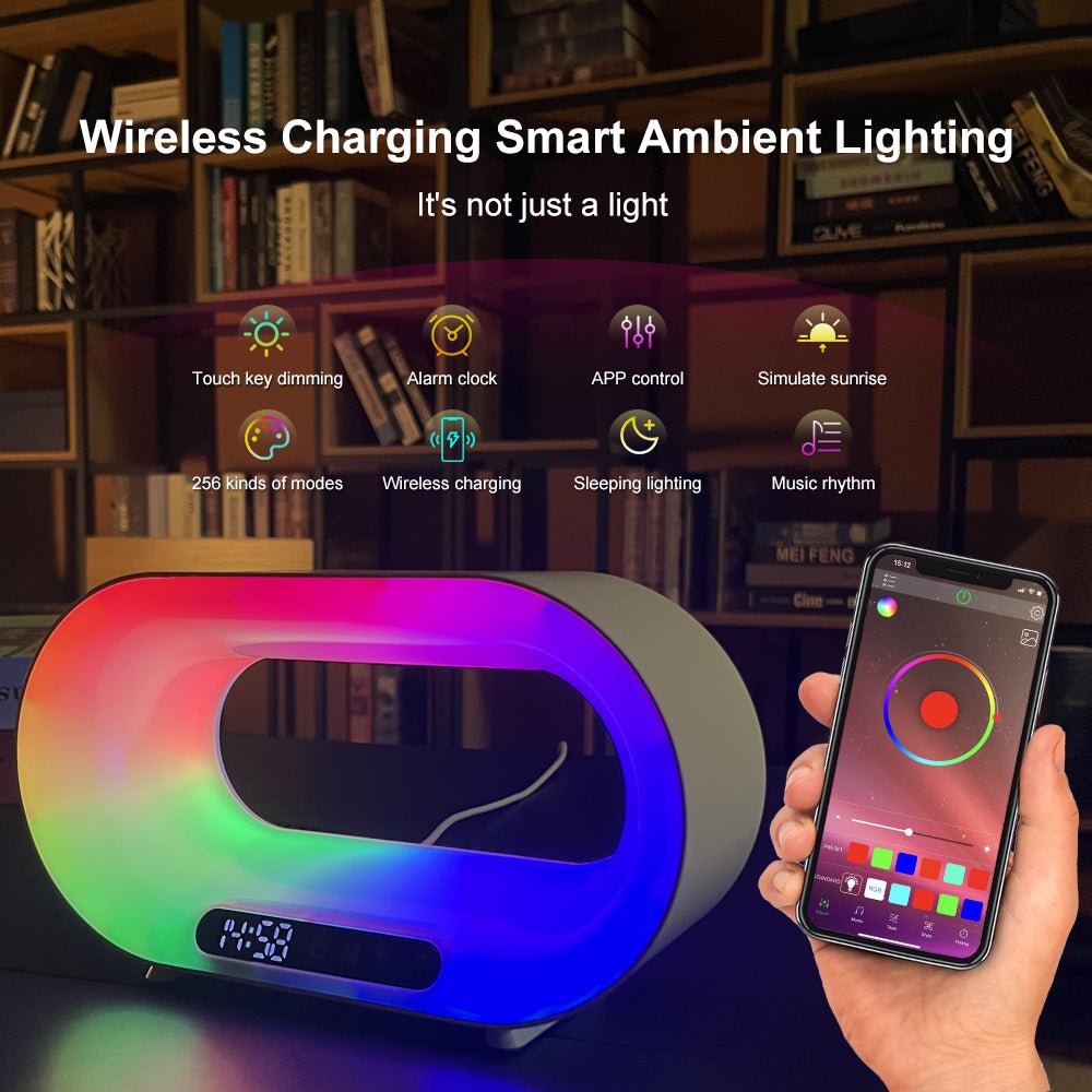 Multi - function 3 In 1 LED Night Light APP Control RGB Atmosphere Desk Lamp Smart Multifunctional Wireless Charger Alarm Clock - Oopsdadforgot.com
