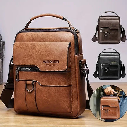 Popular Men's Messenger Bag One Shoulder Retro Business Backpack PU Leather Flaps Crossbody Bags Business Flap Male Solid Travel Bag - Oopsdadforgot.com