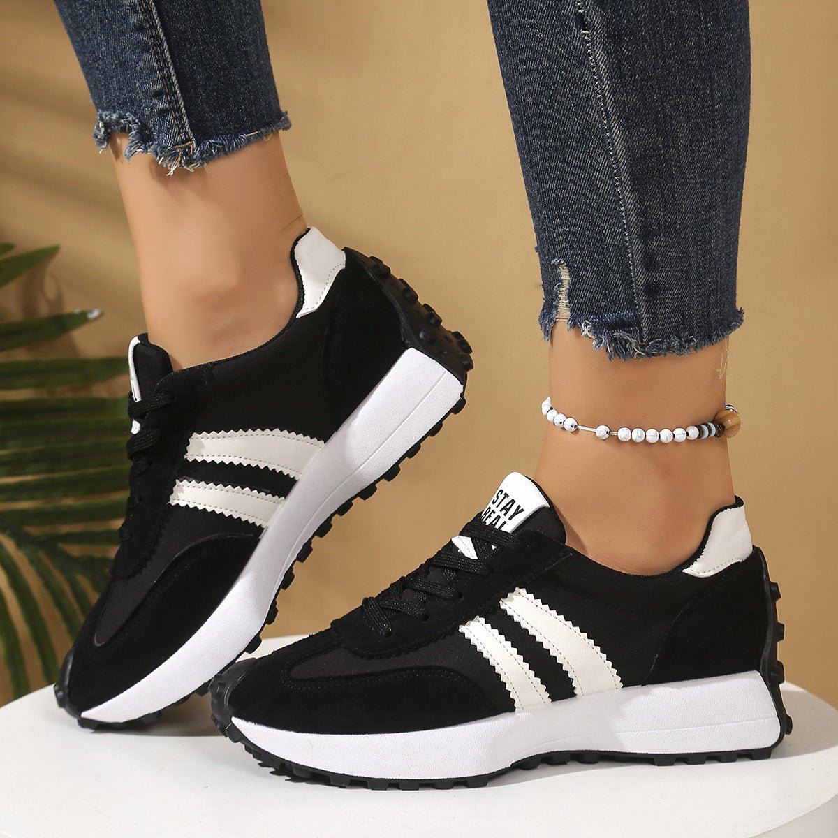 Stripe Lace - up Sneakers Women's Thick Bottom Casual Shoes Breathable Sports Shoes - Oopsdadforgot.com