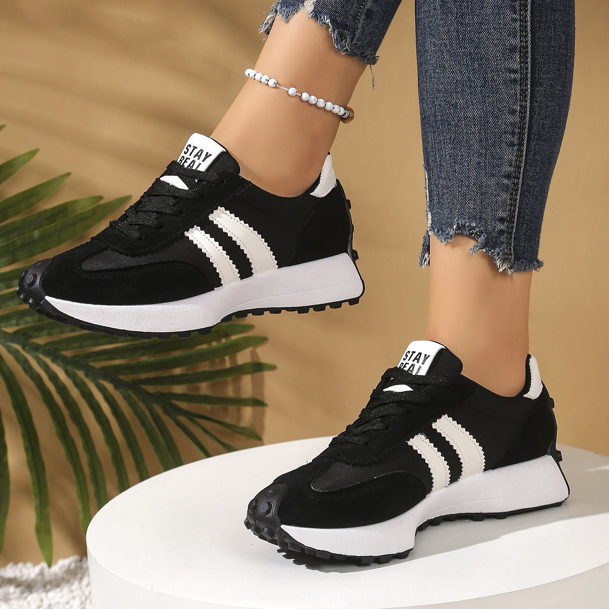 Stripe Lace - up Sneakers Women's Thick Bottom Casual Shoes Breathable Sports Shoes - Oopsdadforgot.com