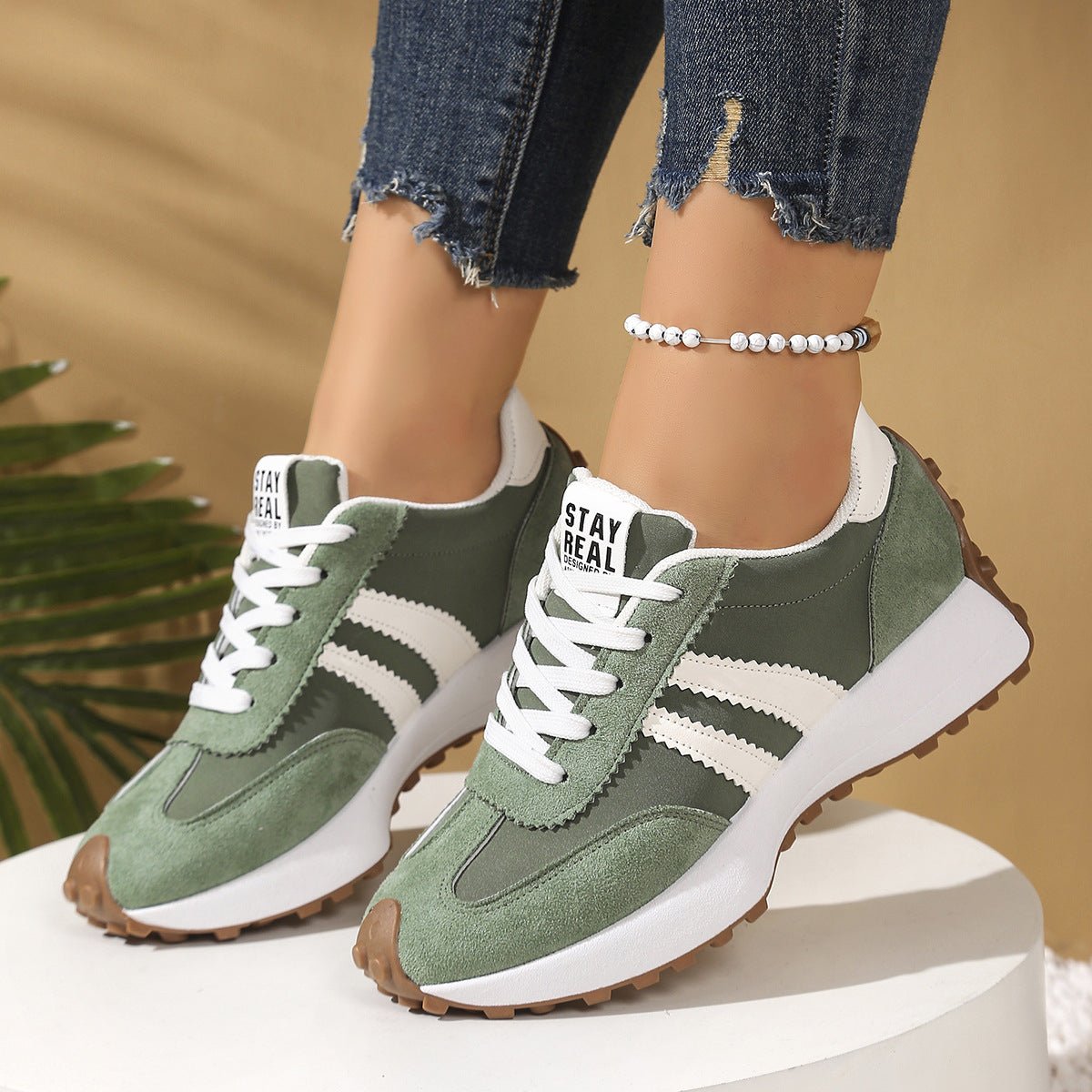Stripe Lace - up Sneakers Women's Thick Bottom Casual Shoes Breathable Sports Shoes - Oopsdadforgot.com